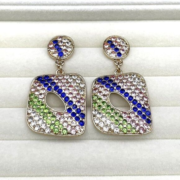 Yellow Gold with Multicolor Crystal Geometric Retro Drop Post Back Earrings - Picture 2 of 8